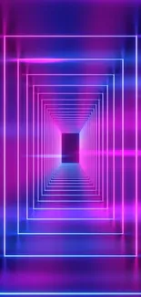 Vibrant neon tunnel with geometric lines in pink and blue hues.