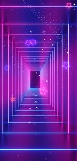 Vibrant neon tunnel wallpaper with glowing stars and geometric shapes.