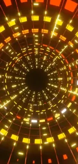 Vibrant neon tunnel with geometric patterns in orange and yellow hues.
