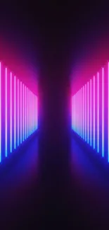 Neon tunnel design with pink and blue lights.