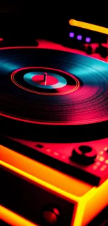 Vibrant neon turntable glowing with colorful light.