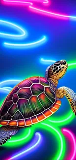 Colorful neon turtle with vibrant blue and pink swirls on a digital wallpaper.