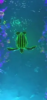 Neon turtle swims through colorful corals in vibrant ocean wallpaper.