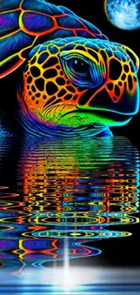 Neon rainbow-colored turtle reflecting on water under a night sky.