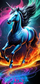 Neon unicorn in vibrant colors with swirling fantasy elements.