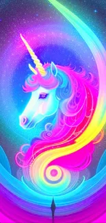 Vibrant neon unicorn set in a colorful galaxy background, perfect for a mobile wallpaper.