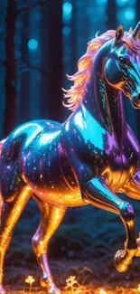 Colorful neon unicorn in a forest setting