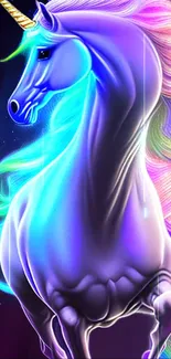 Colorful neon unicorn with glowing mane in a fantasy setting.