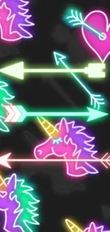 Colorful neon unicorn and heart arrows wallpaper.