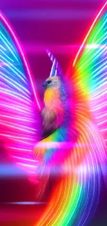 Neon unicorn with colorful rainbow wings glowing beautifully.