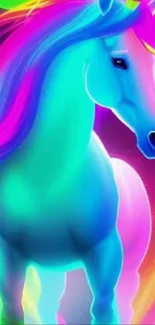 Colorful neon unicorn with vibrant hues.