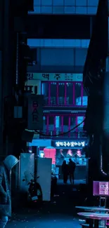 Neon-lit urban alleyway with vibrant colors.