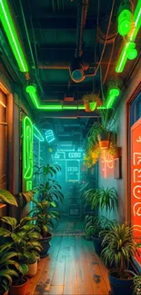 Neon-lit urban alley with lush plants and vibrant green glow.