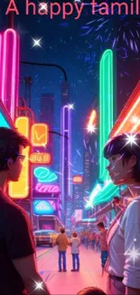 Family walking in neon-lit city street wallpaper.