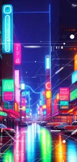 Vibrant neon street with colorful reflections.