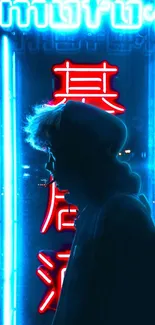 Silhouette against bright neon signs in vibrant city street.