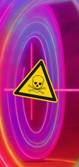 Vibrant neon wallpaper with skull caution sign.