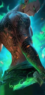 Neon warrior with tattoos and green flames in digital art wallpaper.