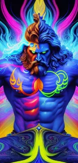 Neon warrior surrounded by vibrant swirling colors on a phone wallpaper.