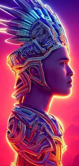 Neon warrior in a futuristic headdress on a vibrant background.