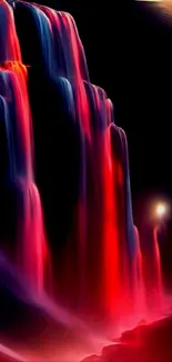 Neon waterfall mobile wallpaper with vibrant red hues and artistic design.