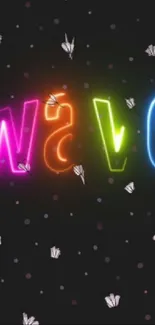 Vibrant neon wave wallpaper with glowing text and butterflies on black background.