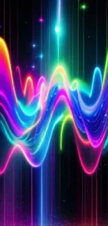 Vibrant neon wave pattern with colorful lights and curves.