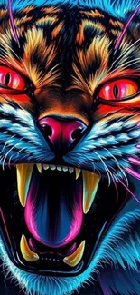 Vibrant neon wild cat with fierce expression.