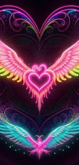 Vibrant neon wings forming a heart in abstract digital art style.