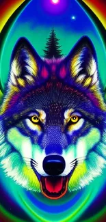 Vibrant neon wolf with psychedelic colors and mystical aura.