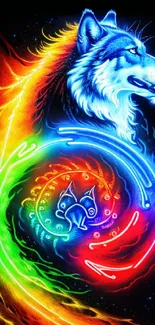 Vibrant neon wolf with colorful swirling design wallpaper.