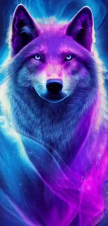 Colorful neon wolf digital art wallpaper with vibrant purple hues.