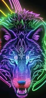 Neon wolf with vibrant colorful design on dark background.