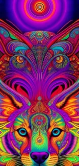 Vibrant neon wolf wallpaper with psychedelic patterns.