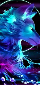 Vibrant neon wolf with blue and purple hues.