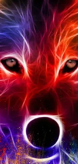 Vibrant neon wolf face art with colorful abstract design.