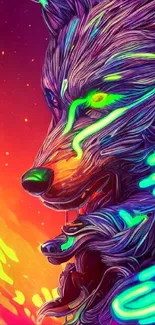 Neon wolf artwork with vibrant orange background and colorful digital design.