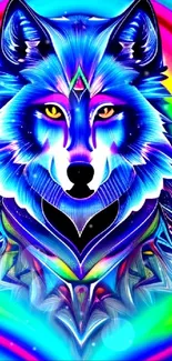 Vibrant neon wolf art wallpaper with rainbow colors.