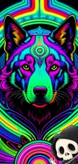 Neon wolf digital art wallpaper with vibrant colors and intricate details.