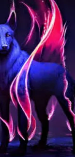 A striking neon wolf art, radiating vibrant blue and purple hues.