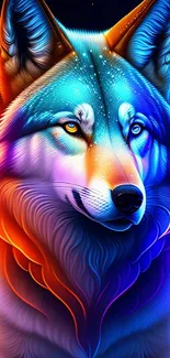 A vibrant neon wolf illustration with bold blue and orange hues, perfect for phone wallpaper.