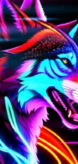 Vibrant neon wolf design in vivid colors on a dark background.