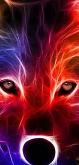 Vibrant neon wolf with colorful fur and glowing fierce eyes.