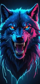 Vibrant neon wolf with fierce expression.