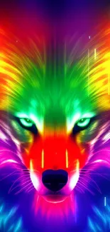 Vibrant neon wolf with colorful glow on mobile wallpaper.