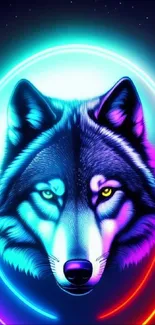 Neon wolf with vibrant cosmic background on phone wallpaper.