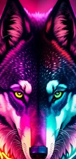 Vibrant neon wolf with pink and blue hues in striking mobile wallpaper.