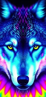 Vibrant neon wolf with bright colors in an artistic mobile wallpaper design.