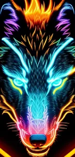 Vibrant neon wolf with multicolored flames on a dark background.