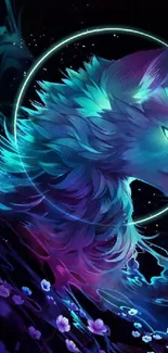 A vibrant, neon artistic wolf in a celestial setting with glowing colors.